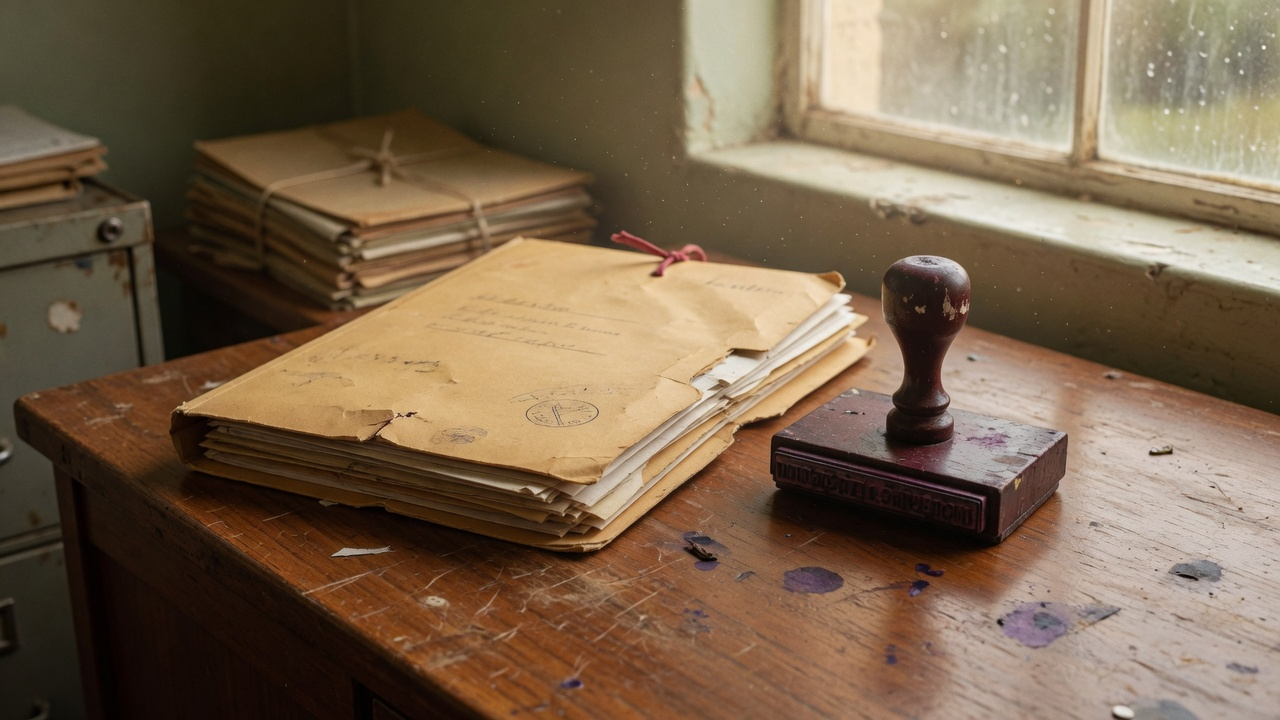A worn personnel file and rubber stamp on a wooden desk