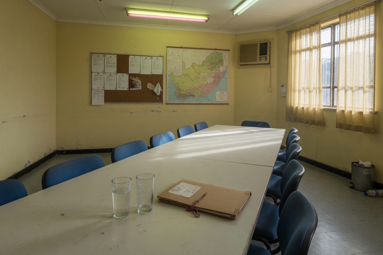 An empty meeting room with a file on the table